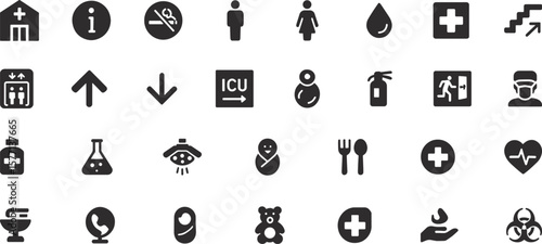 Hospital Signage Glyph Icons – Medical Vector Set Featuring Healthcare Symbols for Emergency, ICU, Accessibility, and Safety Sign Designs