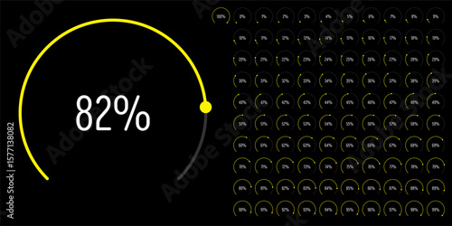 Set of circular sector arc percentage diagrams meters progress bar from 0 to 100 ready-to-use for web design, user interface UI or infographic - indicator with yellow