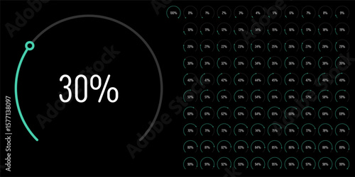 Set of circular sector arc percentage diagrams meters progress bar from 0 to 100 ready-to-use for web design, user interface UI or infographic - indicator with green