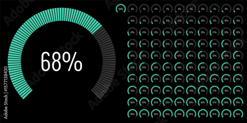 Set of circular sector arc percentage diagrams meters progress bar from 0 to 100 ready-to-use for web design, user interface UI or infographic - indicator with green