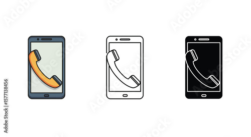 Phone call icon set on smartphone screen in color outline and silhouette