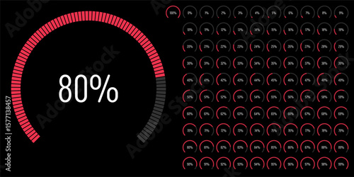 Set of circular sector arc percentage diagrams meters progress bar from 0 to 100 ready-to-use for web design, user interface UI or infographic - indicator with red