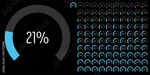 Set of circular sector arc percentage diagrams meters progress bar from 0 to 100 ready-to-use for web design, user interface UI or infographic - indicator with blue