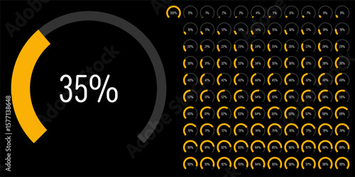 Set of circular sector arc percentage diagrams meters progress bar from 0 to 100 ready-to-use for web design, user interface UI or infographic - indicator with yellow