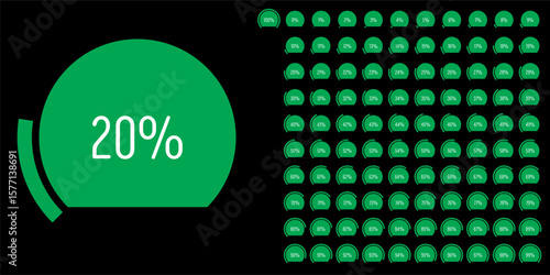 Set of circular sector arc percentage diagrams meters progress bar from 0 to 100 ready-to-use for web design, user interface UI or infographic - indicator with green
