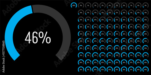 Set of circular sector arc percentage diagrams meters progress bar from 0 to 100 ready-to-use for web design, user interface UI or infographic - indicator with blue