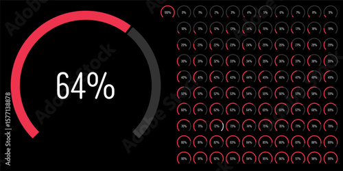 Set of circular sector arc percentage diagrams meters progress bar from 0 to 100 ready-to-use for web design, user interface UI or infographic - indicator with red