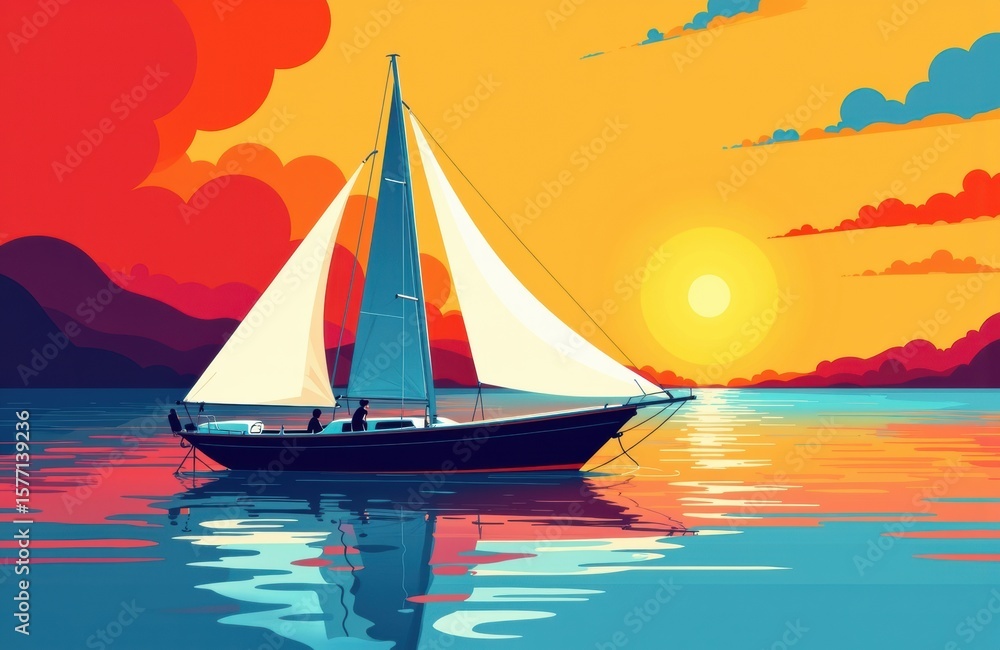 Fototapeta premium Sailboat gliding across calm water during sunset with vibrant sky and colorful clouds