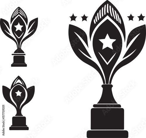 Stylized Trophy Cup Icon with Stars and Leaves – Black Silhouette Award Vector