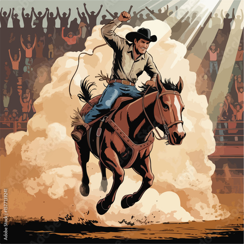 Vintage Rodeo Illustration – Cowboy Riding Bucking Bronco in Mid-Air

