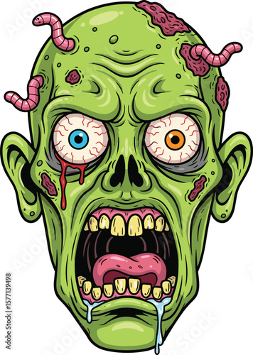 Creepy zombie head cartoon with worms, rotting green undead face illustration, scary Halloween monster, horror style grotesque character art for comics, games, designs
