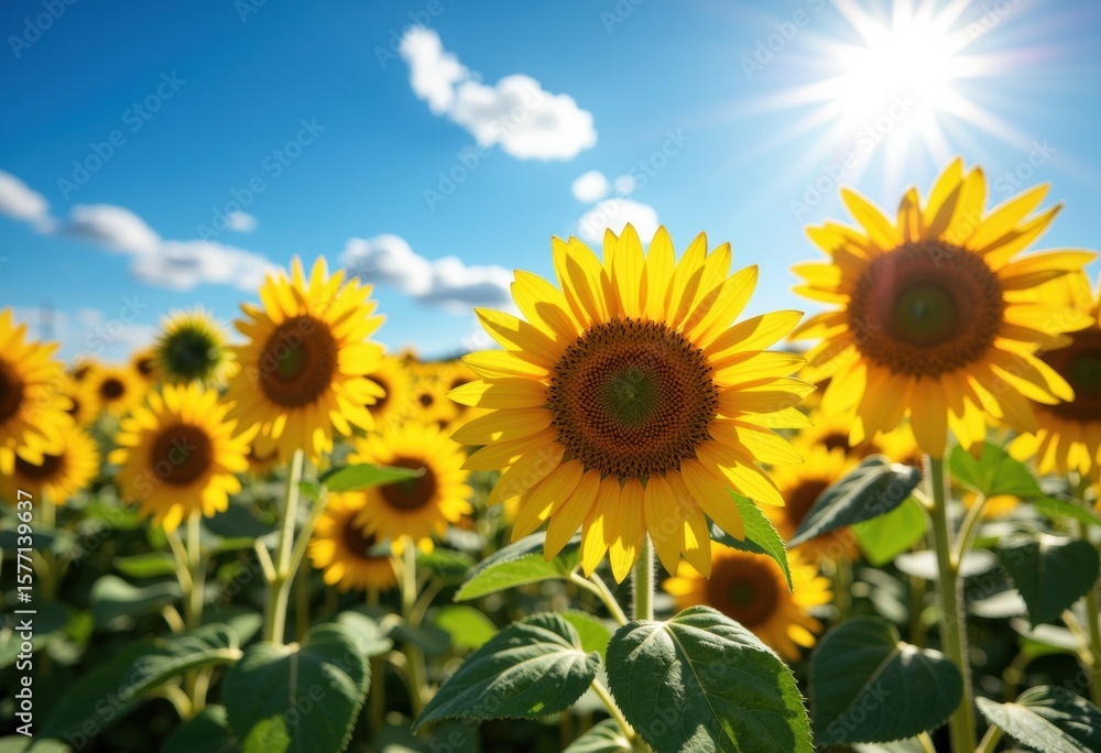 Bright sunflower field under a clear blue sky with the sun shining intensely Bright sunflower field under a clear blue sky with the sun shining intensely