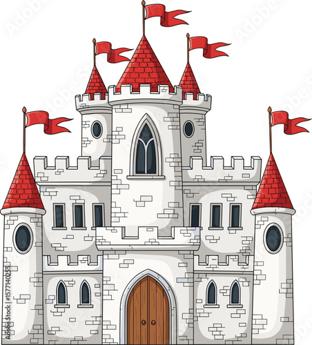 Medieval fantasy castle with red rooftops, stone fortress building with flags, fairytale style cartoon castle illustration for games, books, stories, and animation