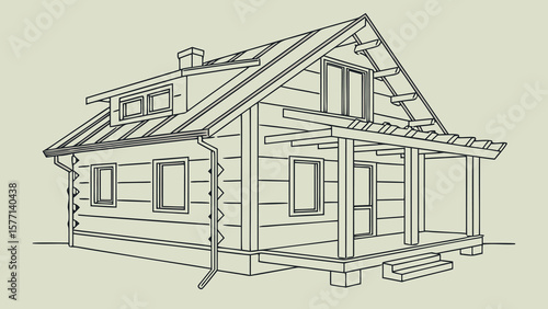 Perspective drawing of a two story log cabin with porch and dormer windows under a gabled roof