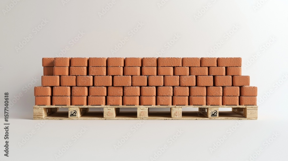 Obraz premium Stack of terracotta bricks arranged on wooden pallet in a minimalist setting with soft lighting