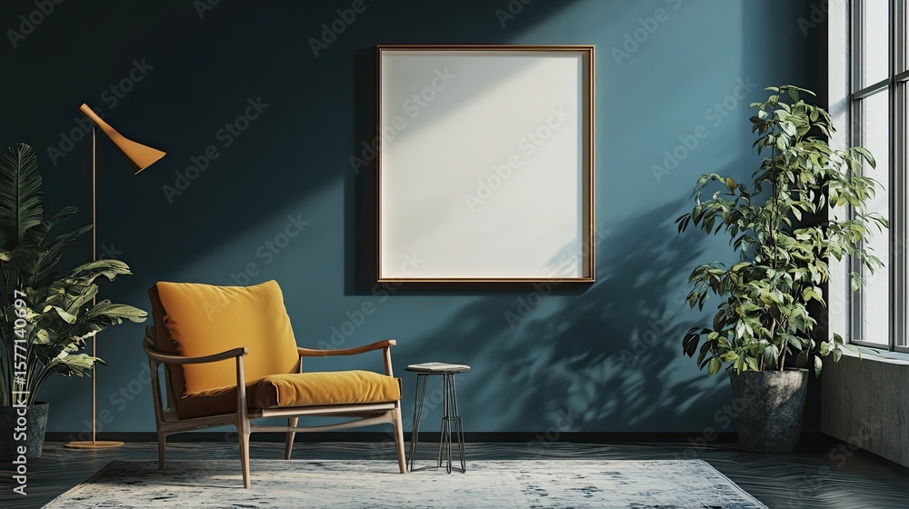 Fototapeta premium Empty frame mockup on mid-century home interior wall for artwork placement or product promotion.