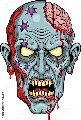 Creepy zombie head illustration, exposed brain, dripping blood, undead monster face, horror Halloween design, terrifying cartoon skull, scary infected zombie artwork graphic