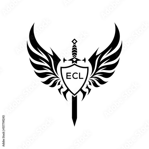 ECL Black and White Heraldic Emblem with Wings and Sword, ECL Later Logo, Guardian Angel Sword and Shield Tribal Vector, Winged Sword and Shield Logo Design with Tribal Style. 
