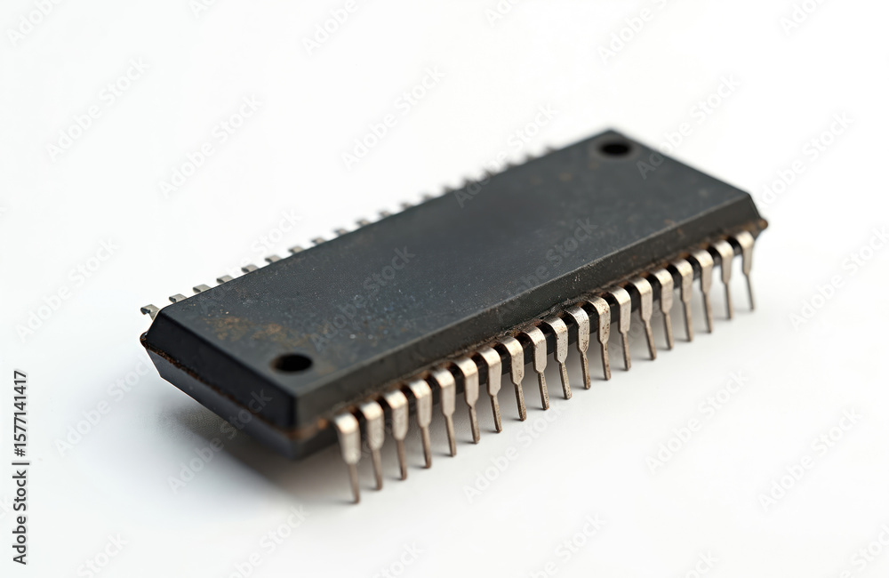Black electronic component with six silver pins on white surface. CPU ADC possibly. Component rectangular shape visible, pins for data transfer, communication. Isolated object, white background, Black electronic component with six silver pins on white surface. CPU ADC possibly. Component rectangular shape visible, pins for data transfer, communication. Isolated object, white background,