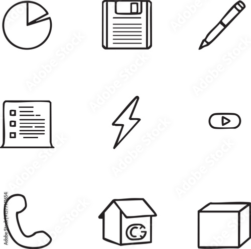 Minimal Vector EPS Icon Set Featuring Pie Chart, Floppy Disk, Pen, Checklist, Lightning Bolt, Media and Tech Elements