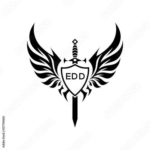 EDD Black and White Heraldic Emblem with Wings and Sword, EDD Later Logo, Guardian Angel Sword and Shield Tribal Vector, Winged Sword and Shield Logo Design with Tribal Style. 

