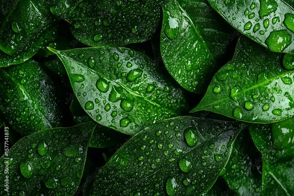 Fototapeta premium Close-up view of raindrops on fresh green leaves in nature