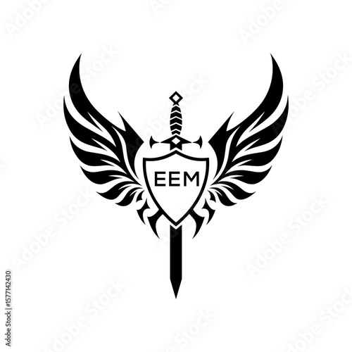 EEM Black and White Heraldic Emblem with Wings and Sword, EEM Later Logo, Guardian Angel Sword and Shield Tribal Vector, Winged Sword and Shield Logo Design with Tribal Style. 
