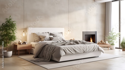 Full concrete-themed bedroom with natural beige and gray palette, cozy upholstered bed, ceramic planters, and layered textile accents, 3d render