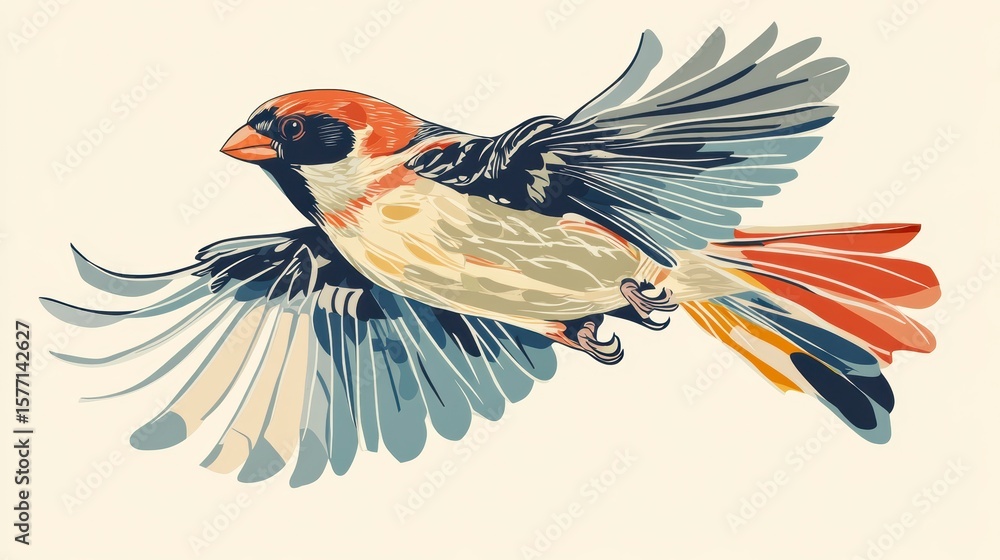 Naklejka premium Colorful bird in flight, wings spread wide, detailed illustration.