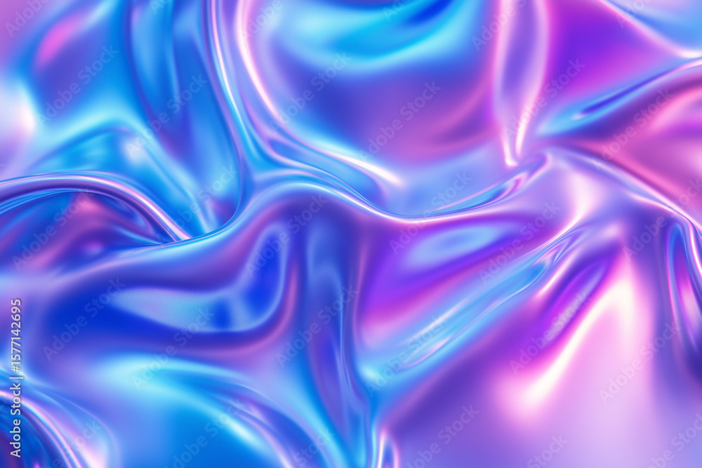 Obraz premium Wavy blue and purple abstract background extreme close-up. 3d renders metallic liquid background. Abstract neon texture. Rainbow 3d holographic foil. Abstract blue and purple illuminated smooth wavy