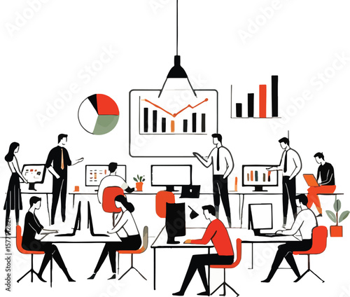 Business team working together in an office to achieve financial and sales growth goals.
