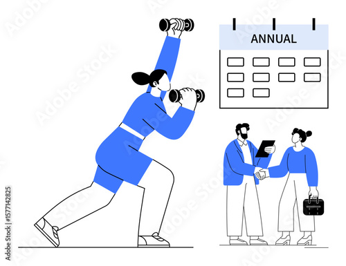 Woman lifting dumbbells in a lunge pose alongside two professionals shaking hands near an annual calendar. Ideal for fitness, teamwork, planning, goals, organization, time management, healthy habits