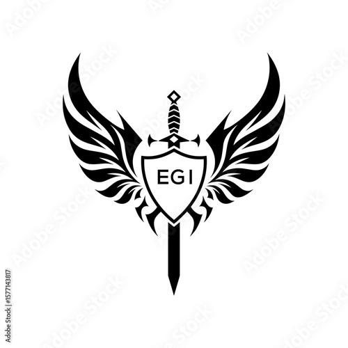 EGI Winged Sword and Shield Logo Design with Tribal Style, EGI Later Logo, Black and White Heraldic Emblem with Wings and Sword.
