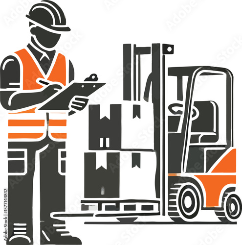 Warehouse worker inspecting inventory boxes being moved by a forklift truck in a storage facility