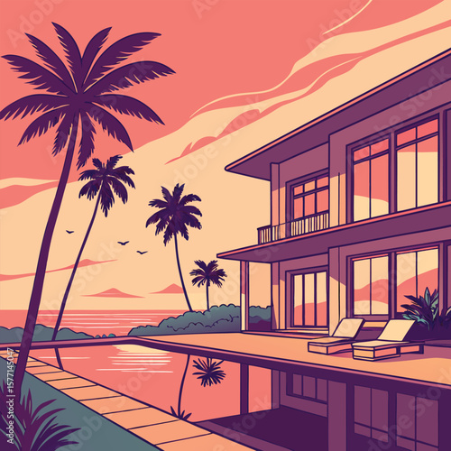 Tropical villa with palm trees and a pool at sunset creating a serene and luxurious scene