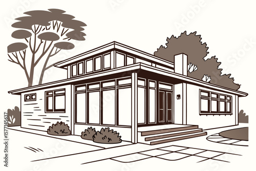Illustration of a mid century modern house with large windows and trees in the background scene view