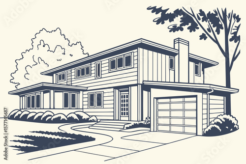 Illustration of a two story house with a garage and a tree in the yard on a sunny day in the suburbs