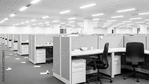 Empty cubicles in a large office space create an atmosphere of vacancy, desks, and chairs stand in a deserted workspace.