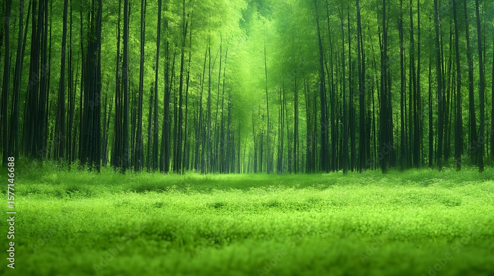 Fototapeta premium Serene Bamboo Forest with Soft Green Foliage in Tranquil Natural Setting