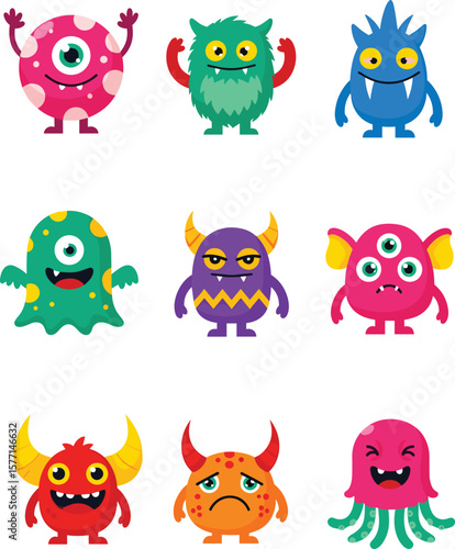 Cute colorful cartoon monsters with one eye, three eyes, horns, tentacles, funny expressions, isolated characters set for kids, games, Halloween, vector illustration