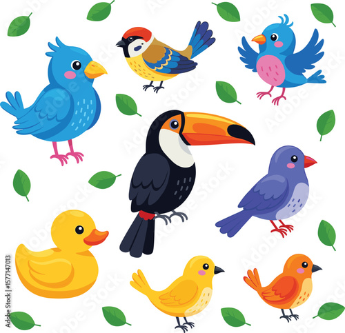 Cartoon colorful birds collection with tropical parrot, toucan, duck, sparrow, cute flying birds, leaves background, vector illustration for kids, learning, fun