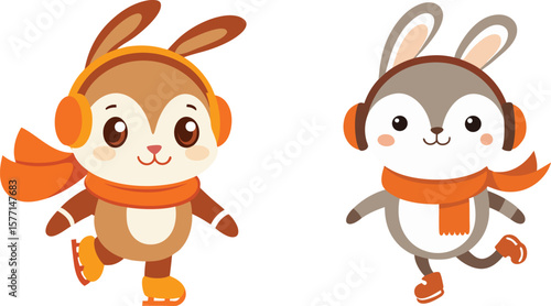 Cute bunnies ice skating wearing headphones and scarves winter fun