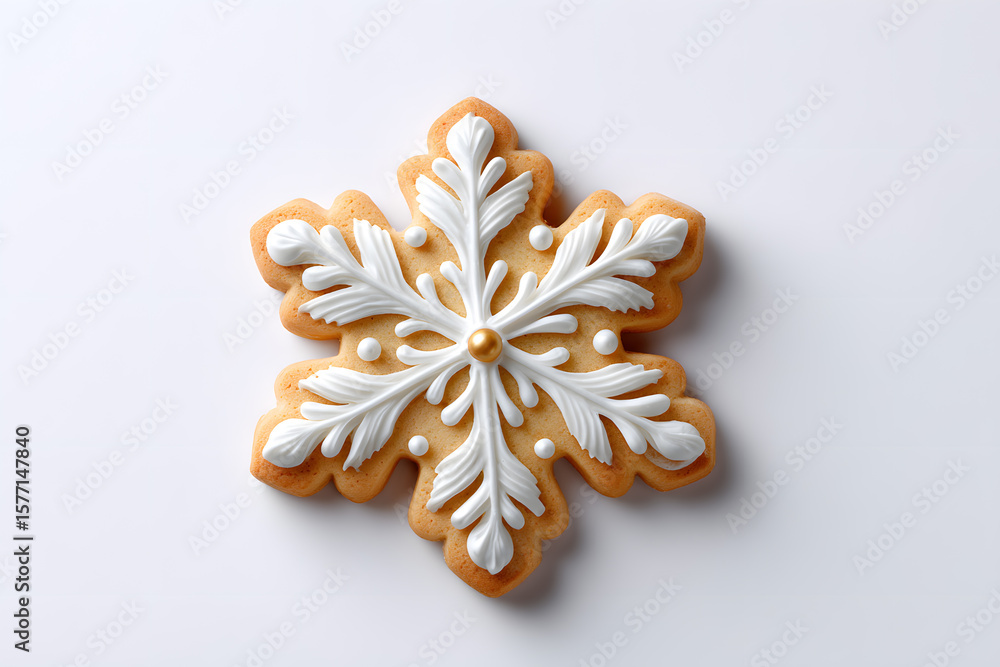 Fototapeta premium Snowflake-shaped gingerbread cookie with intricate white icing. Perfect for holiday baking visuals, Christmas content, and festive food styling.