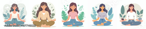 Cartoon Female Characters Practicing Meditation and Mindfulness at Home