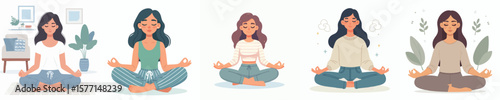 Vector Set of Women in Cross-Legged Meditation Pose for Wellness and Calm
