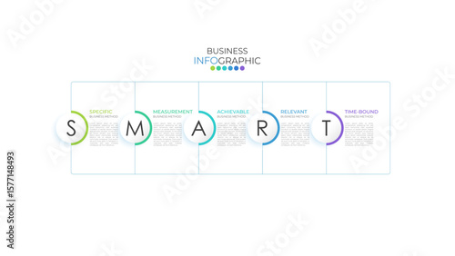SMART Infographic design template for presentations, banners, graphics, and diagrams. Features 5 key options, parts,steps and concept in business or process planning.