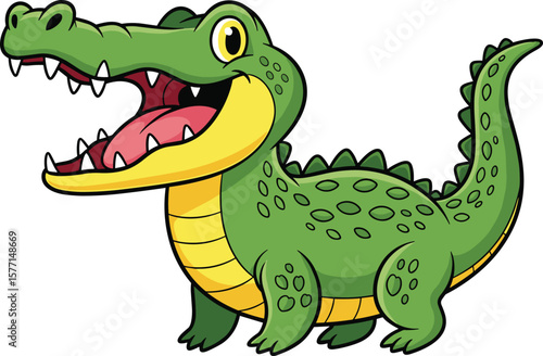 Cute cartoon crocodile character, funny smiling alligator illustration, happy reptile mascot design, green jungle animal vector, kids educational animal drawing art