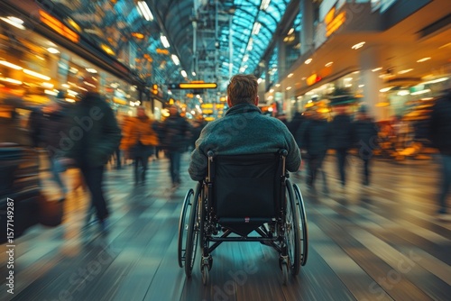 Person in wheelchair inside a busy shopping mall