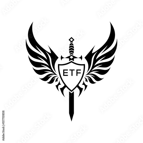 ETF Winged Sword and Shield Logo with ETF Letters, Heraldic Emblem, ETF Later Logo,  Black and White Vector Design
