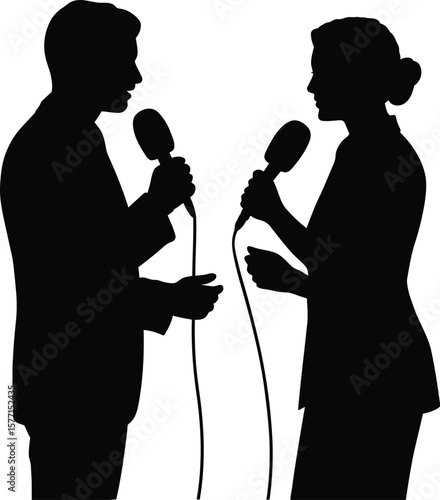 Man and Woman Interview Silhouette Vector with Microphones